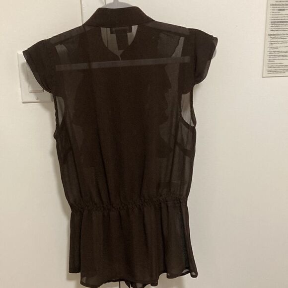 Cotton Express Women’s Semi Sheer Ruffle Button Front Blouse in Brown. Size S. - Picture 3 of 10